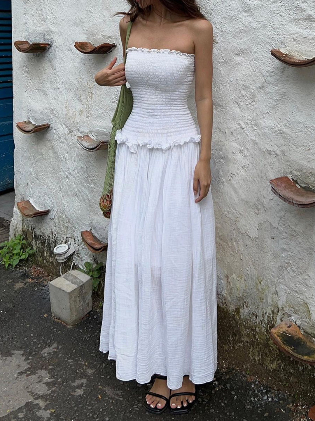 Lang gestreifte Röhrenkleid aus Baumwolle mit Raffung