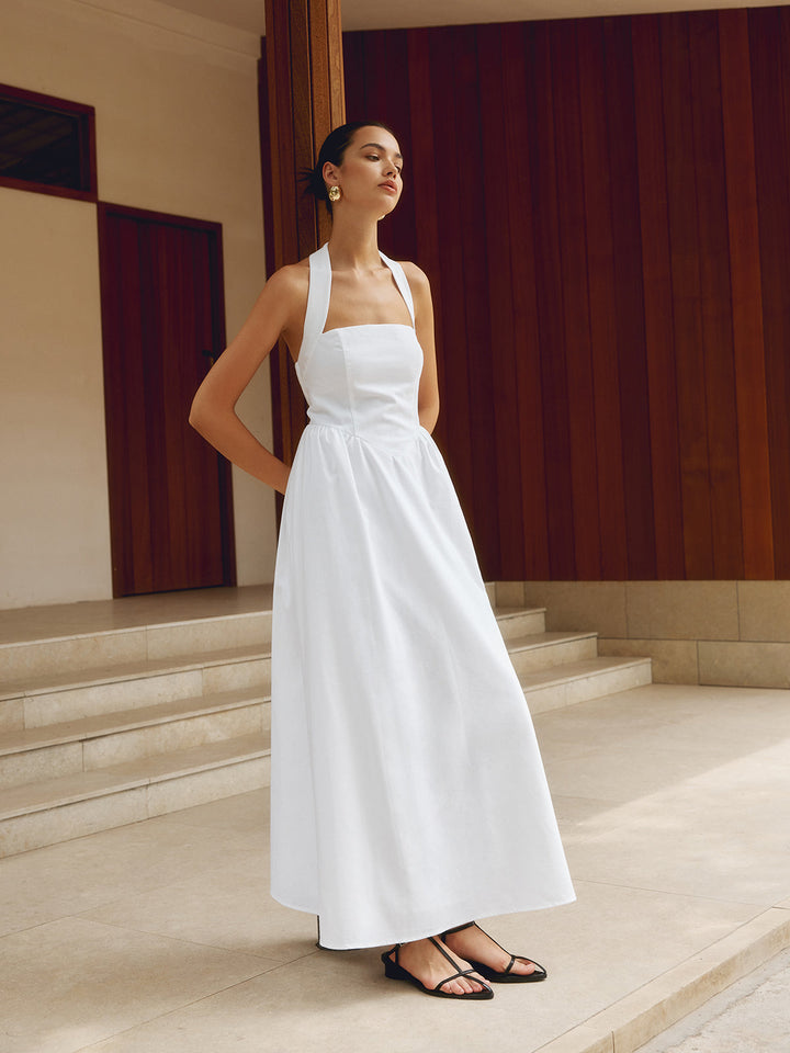 Kleid aus Baumwolle und Leinen mit Neckholder und A-Linie, lang