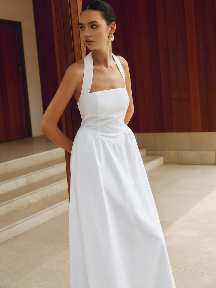 Kleid aus Baumwolle und Leinen mit Neckholder und A-Linie, lang