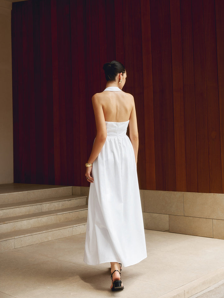 Kleid aus Baumwolle und Leinen mit Neckholder und A-Linie, lang