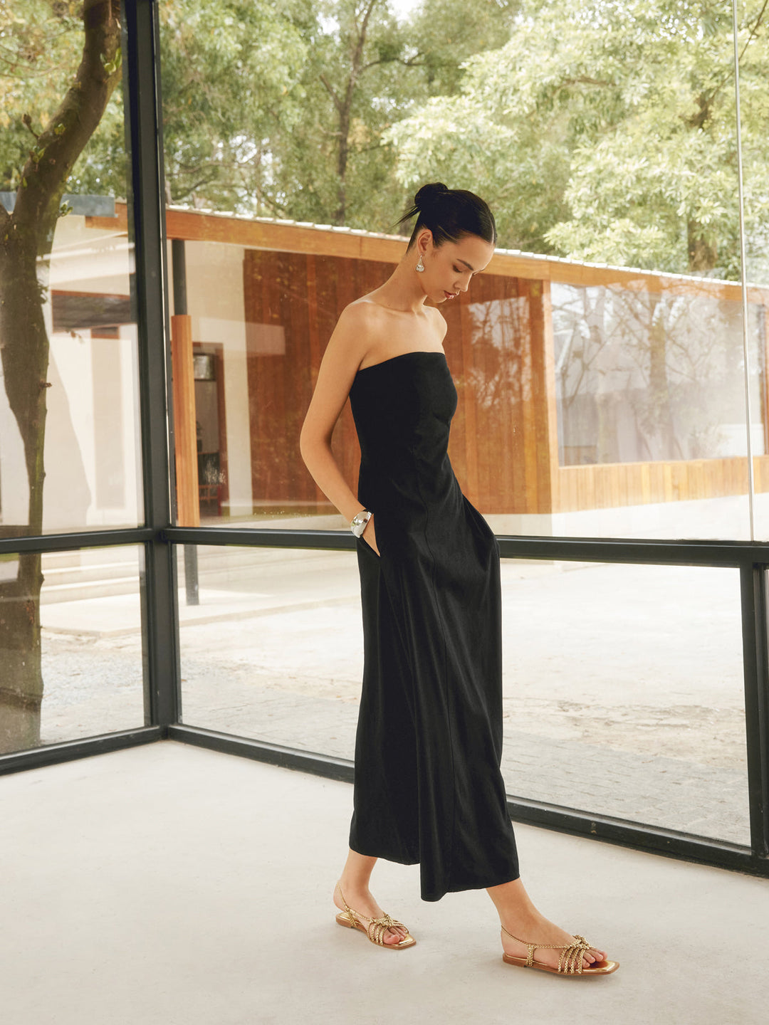 Leinenmischungen Basic Taschen Röhrenkleid Lang