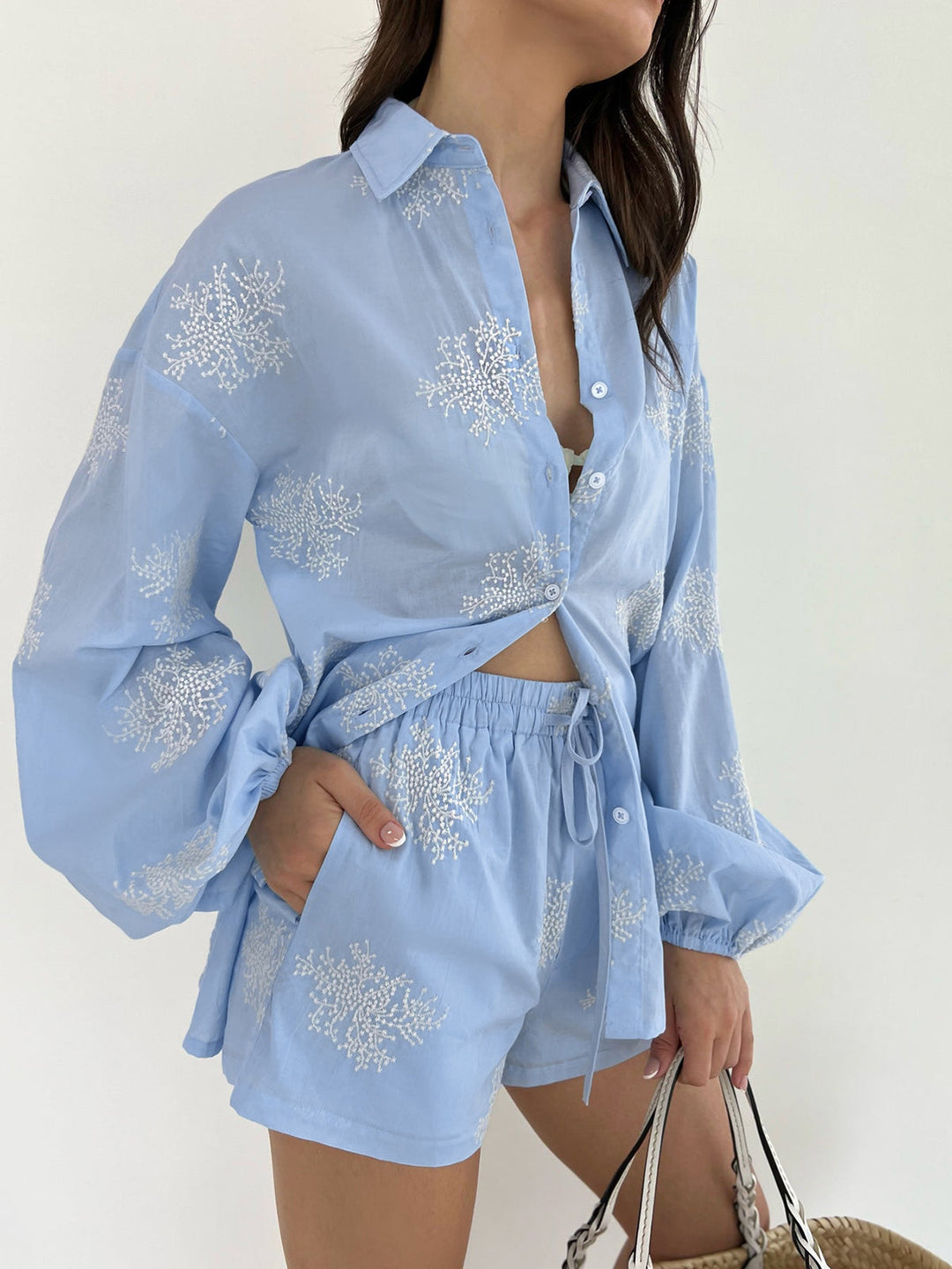 Pflanzenstickerei Lässige Shorts Set