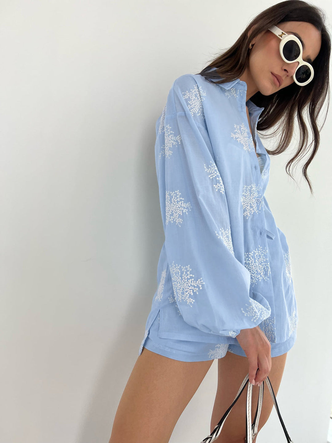 Pflanzenstickerei Lässige Shorts Set