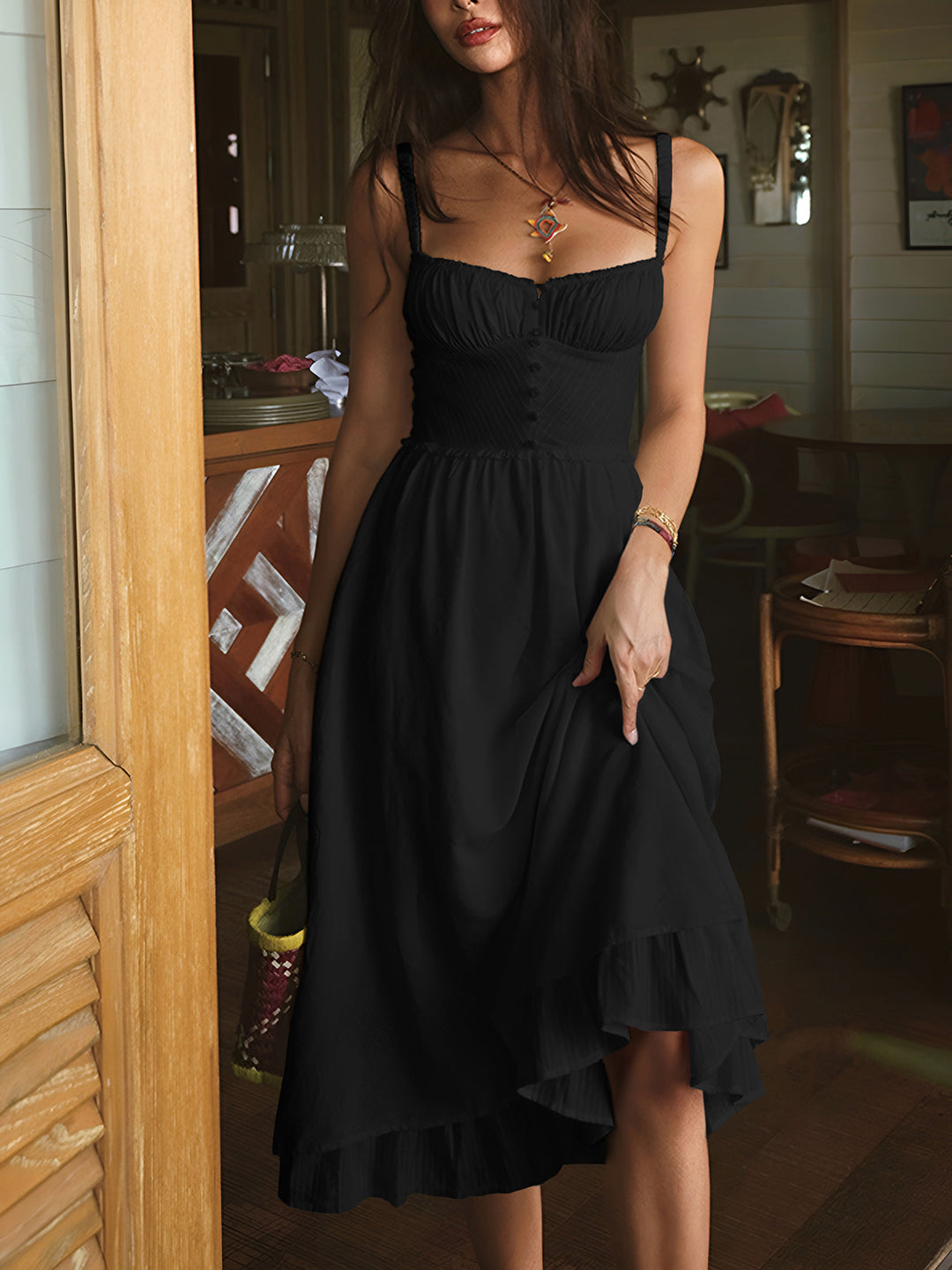 Rüschensaum-Träger-Midi-Kleid mit Paisleymuster