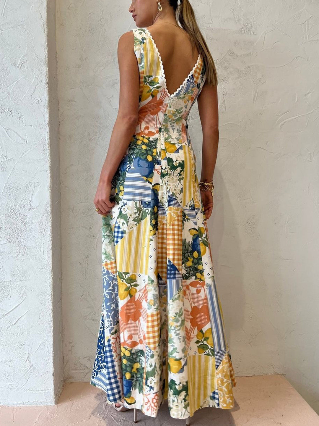 Lemonade Print Spitze Besatz Langes Kleid