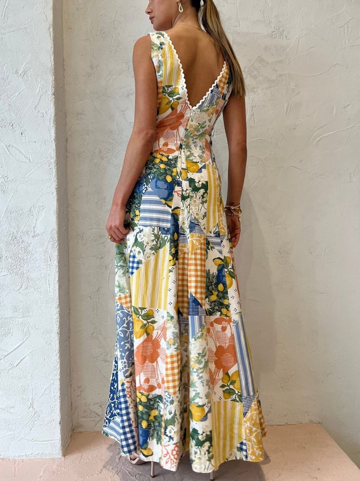 Lemonade Print Spitze Besatz Langes Kleid