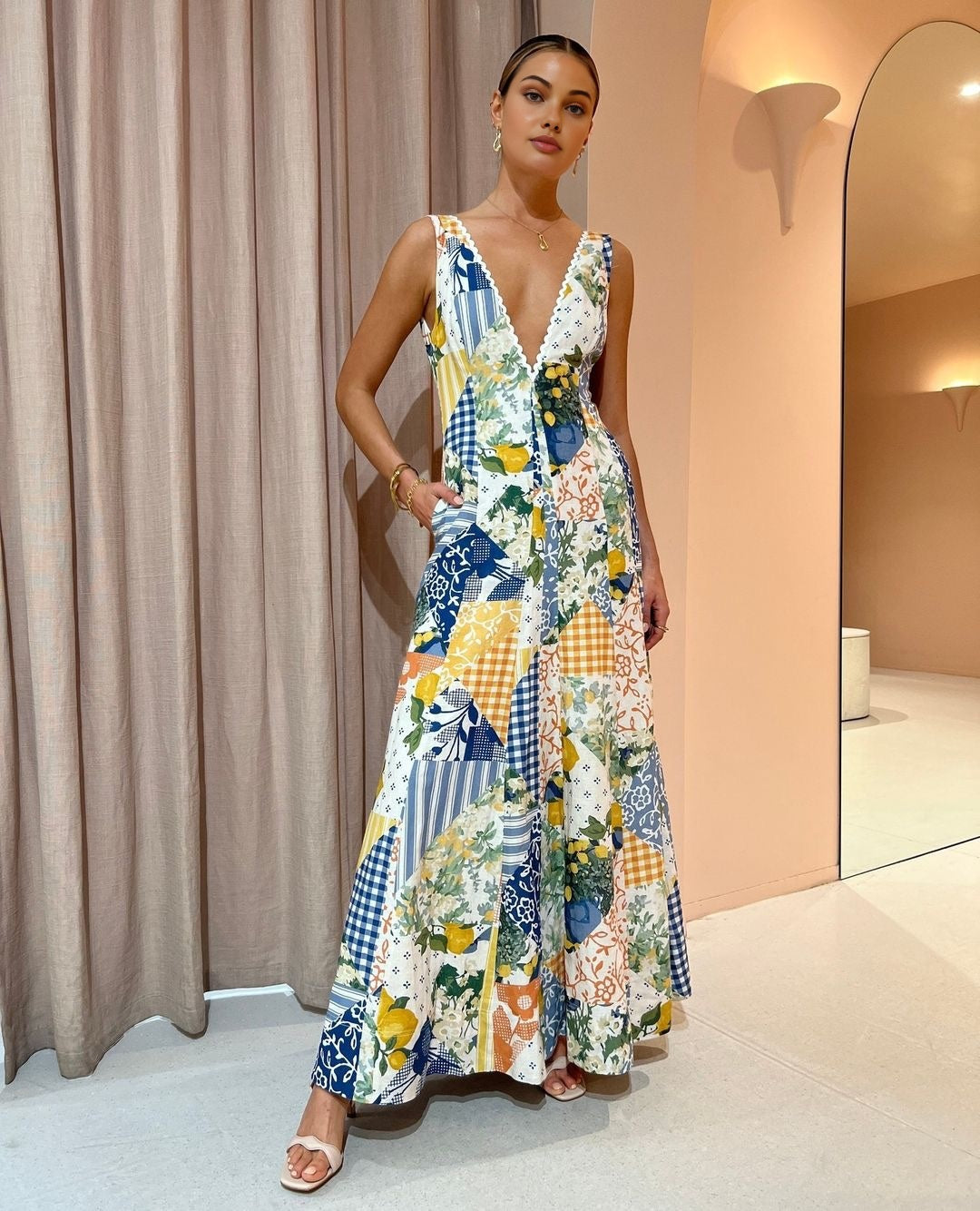 Lemonade Print Spitze Besatz Langes Kleid