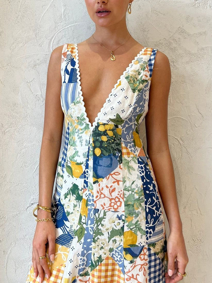 Lemonade Print Spitze Besatz Langes Kleid