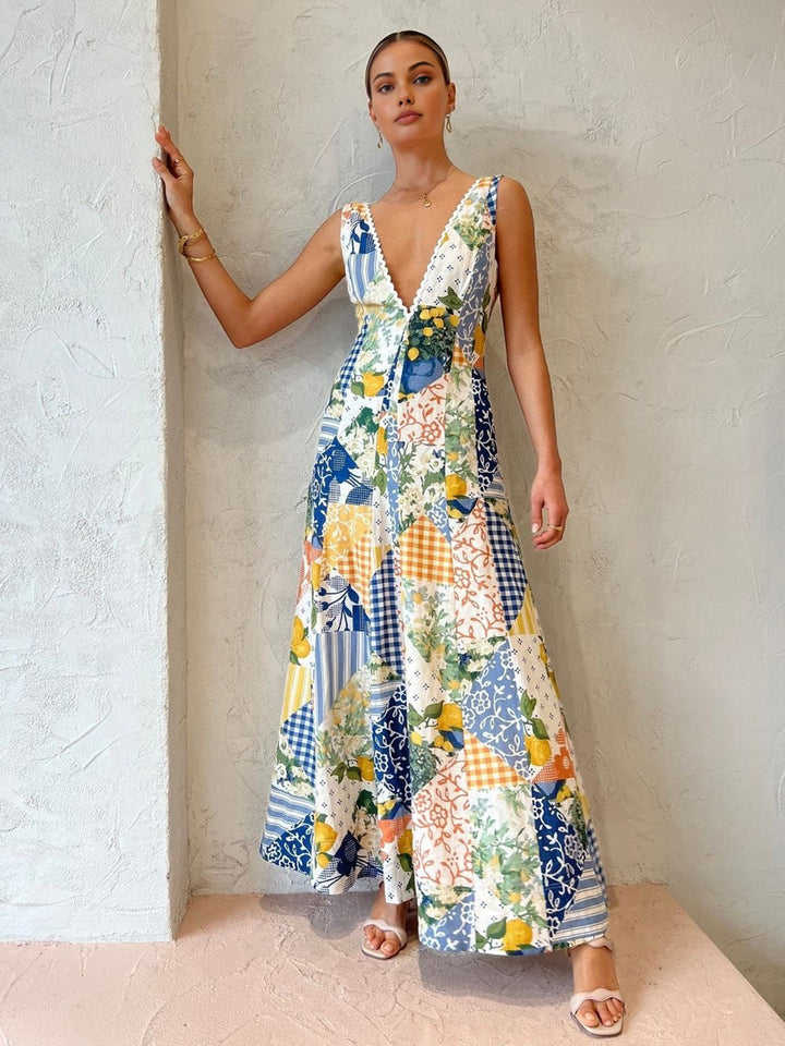 Lemonade Print Spitze Besatz Langes Kleid