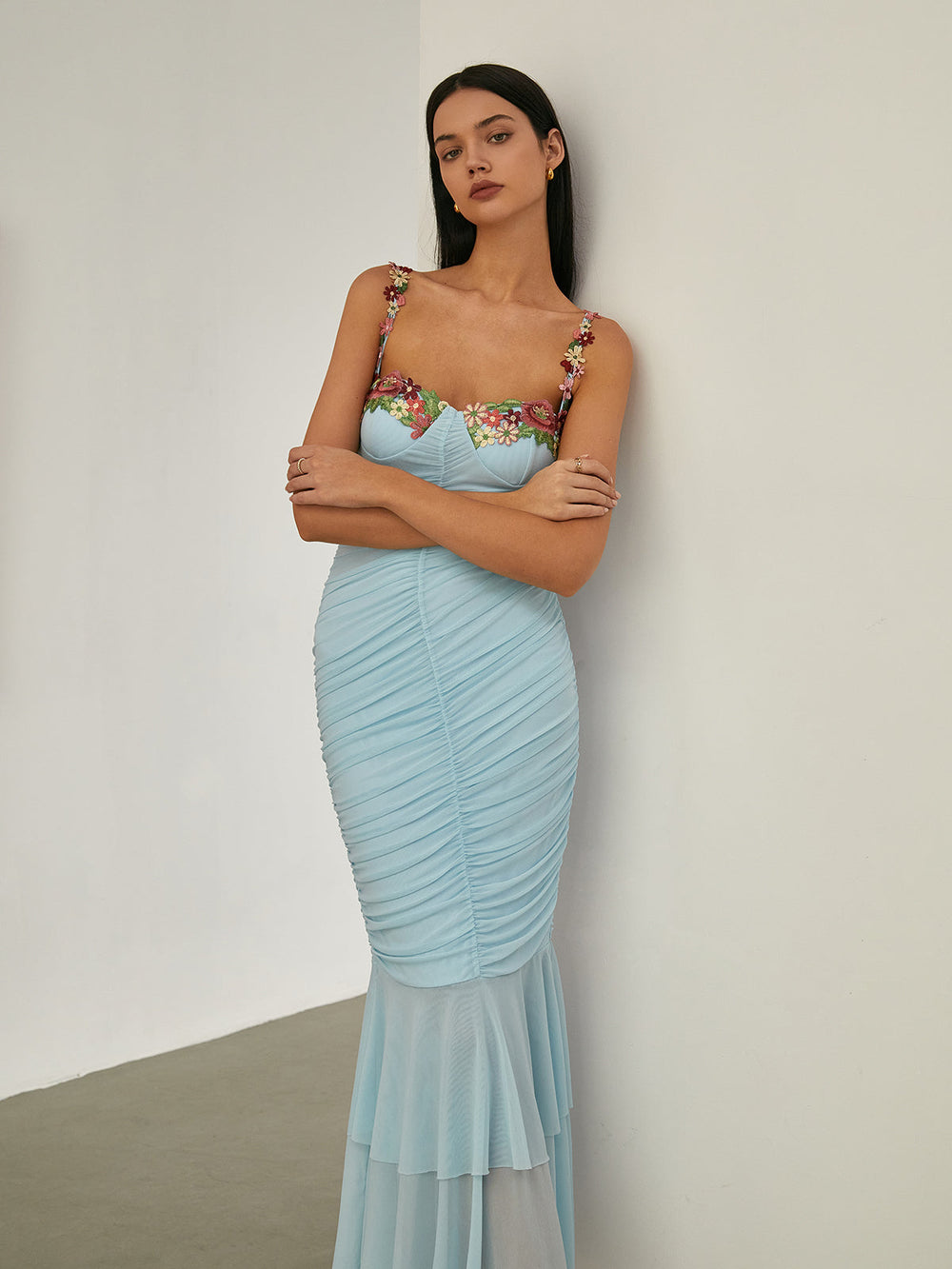 Paradise Blumenbesatz Gekräuseltes Meerjungfrauen-Maxikleid