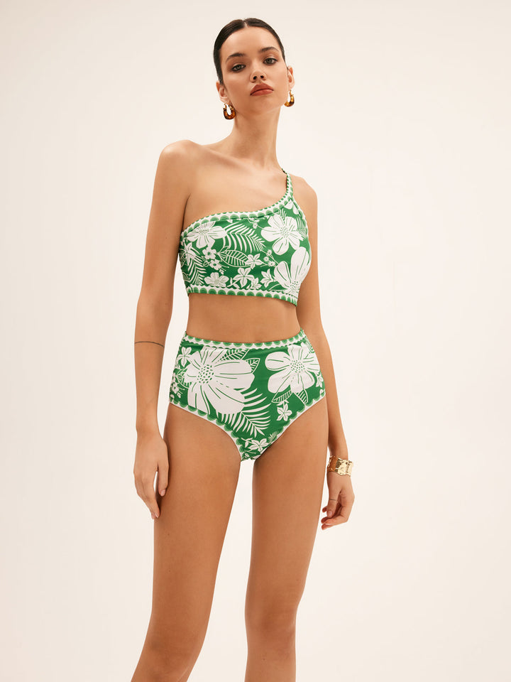 Einteiliges Blumen-Bikini-Set mit einem schulterfreien Ausschnitt