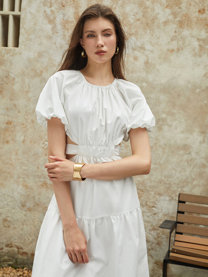 Französisches Puffärmel-Knotted-Midi-Kleid