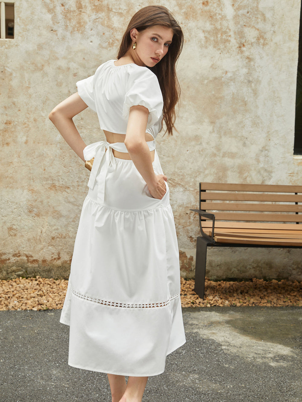 Französisches Puffärmel-Knotted-Midi-Kleid