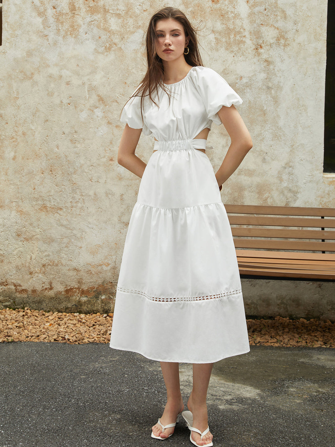 Französisches Puffärmel-Knotted-Midi-Kleid
