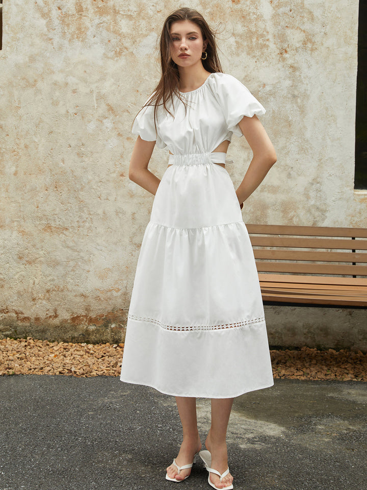 Französisches Puffärmel-Knotted-Midi-Kleid