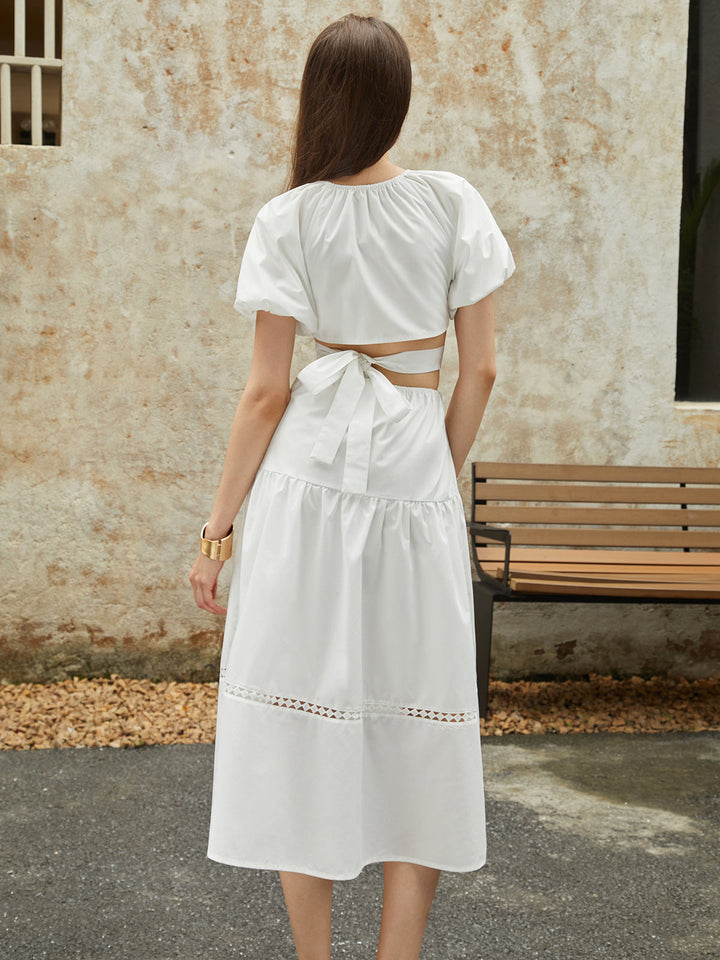 Französisches Puffärmel-Knotted-Midi-Kleid