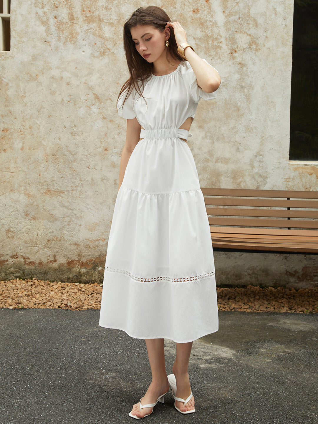 Französisches Puffärmel-Knotted-Midi-Kleid