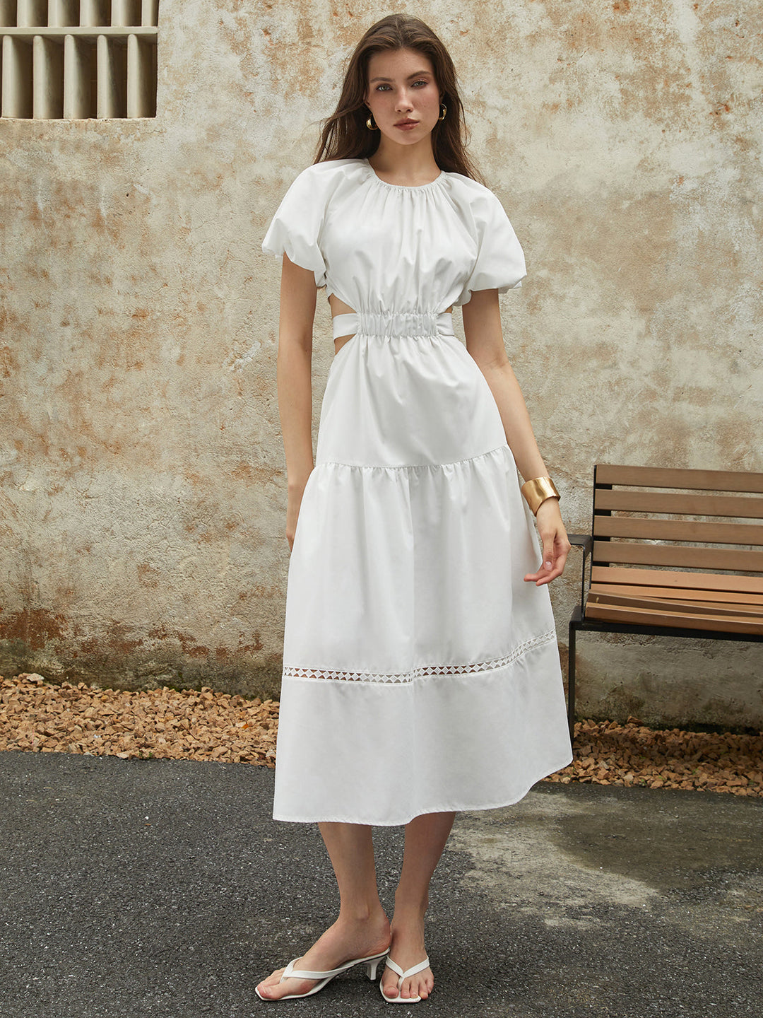 Französisches Puffärmel-Knotted-Midi-Kleid