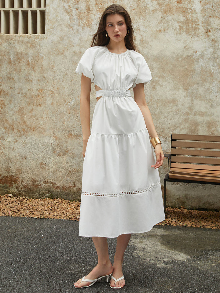 Französisches Puffärmel-Knotted-Midi-Kleid