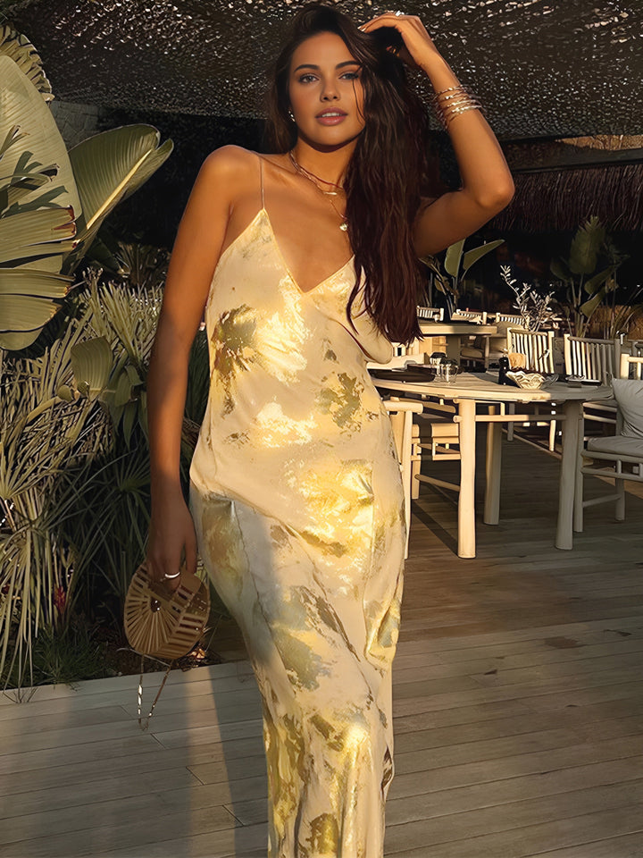 Metallic Print V-Ausschnitt Rückenfreies Slip Maxikleid