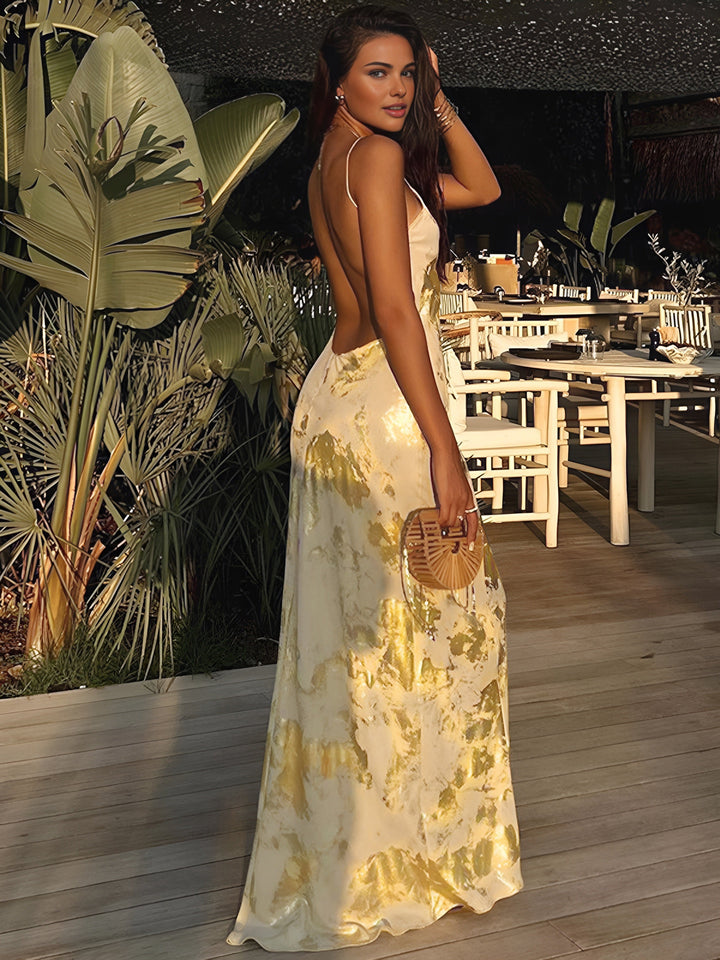 Metallic Print V-Ausschnitt Rückenfreies Slip Maxikleid