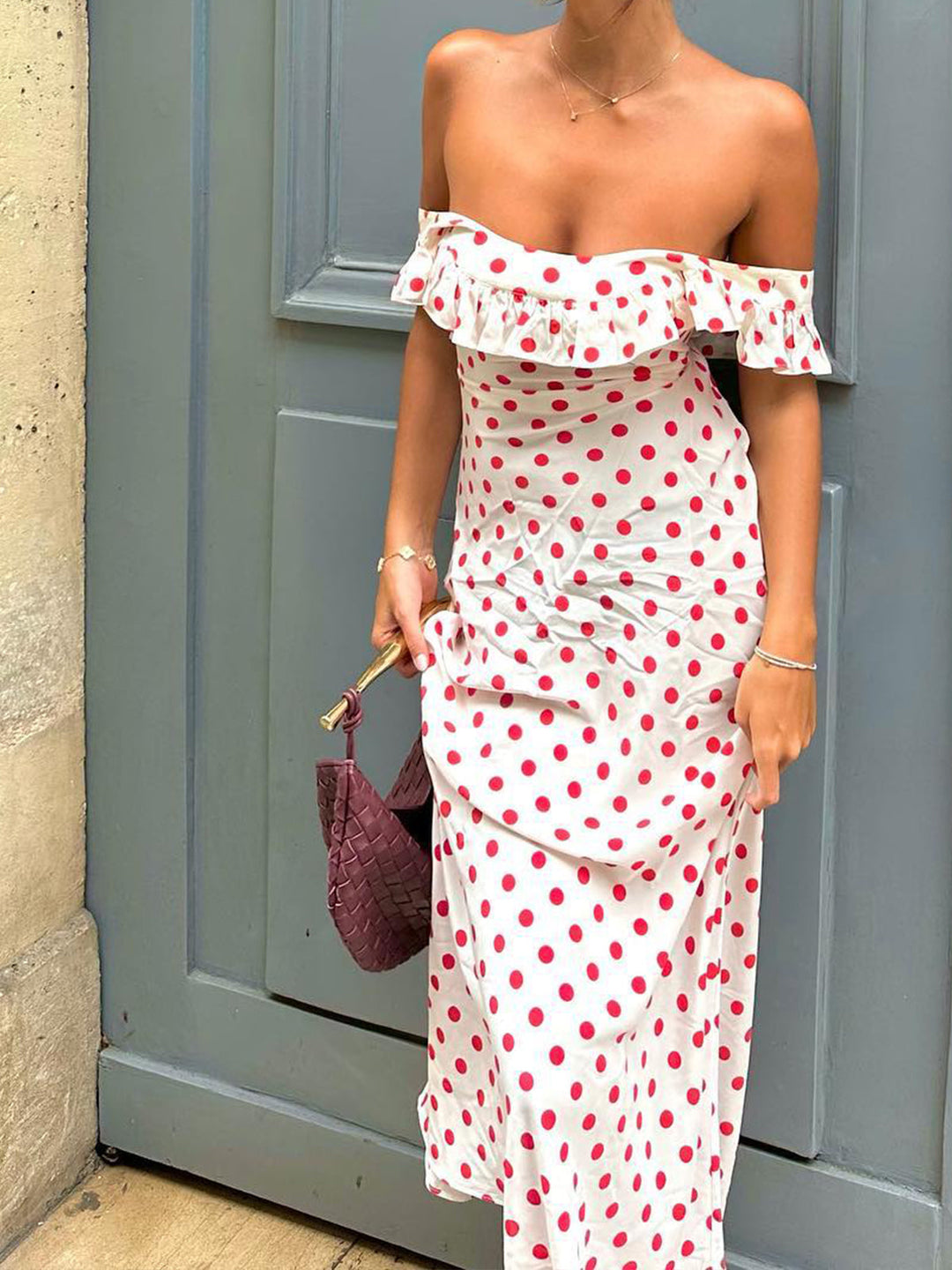 Sweetie Tupfen Rüschensaum schulterfreies langes Kleid