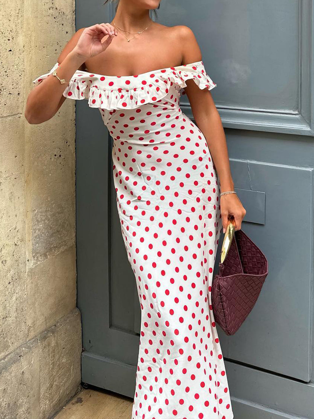 Sweetie Tupfen Rüschensaum schulterfreies langes Kleid