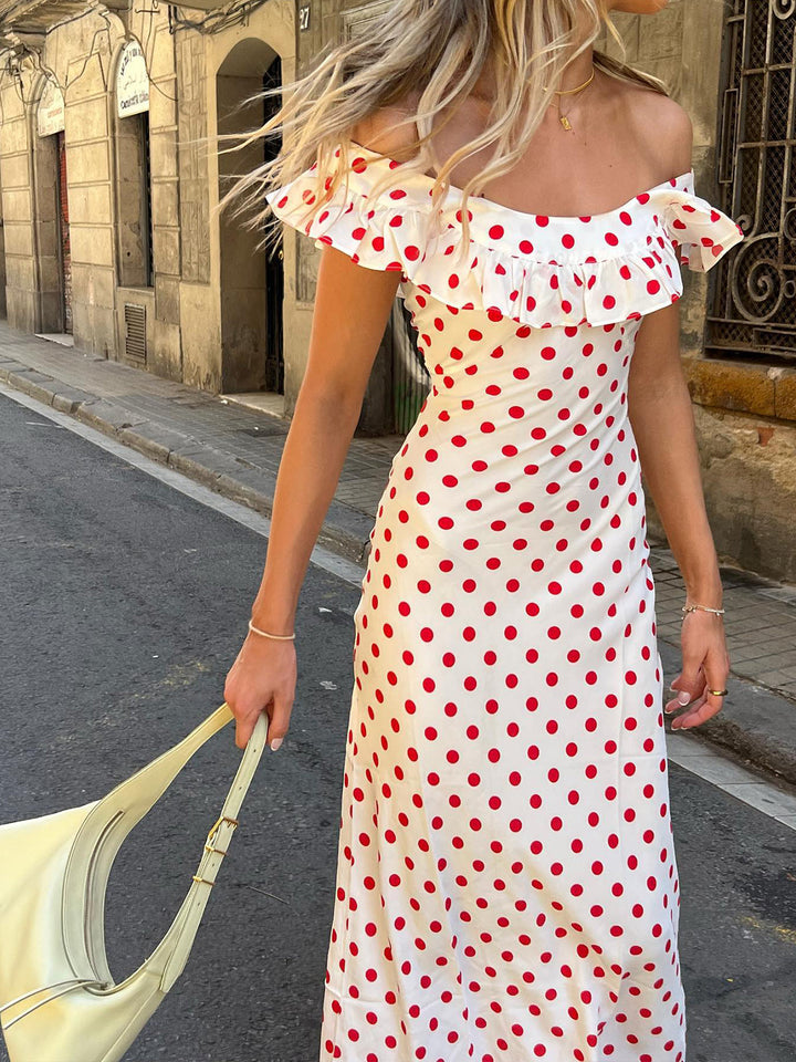 Sweetie Tupfen Rüschensaum schulterfreies langes Kleid