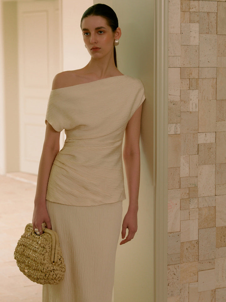 Asymmetrischer Rundhalsausschnitt One-Shoulder-Shirt mit Falten
