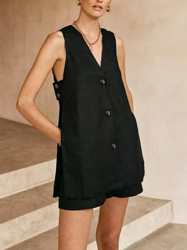 V-Ausschnitt Ärmellose Weste mit High-Waist-Shorts-Set