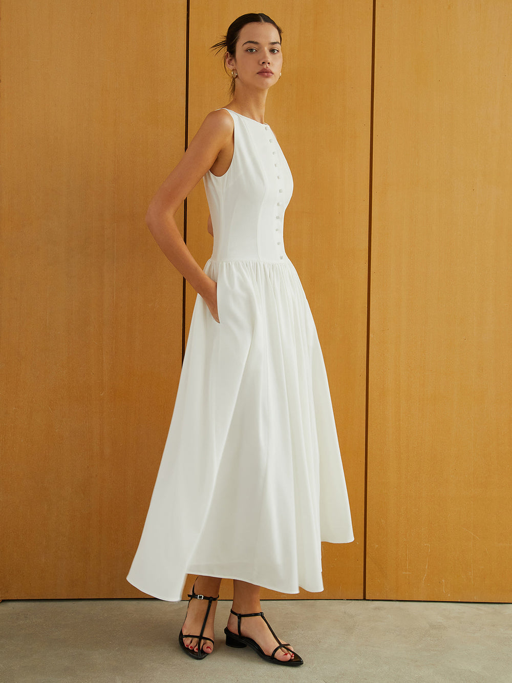 Button-Front Ärmelloses Kleid mit Taschen