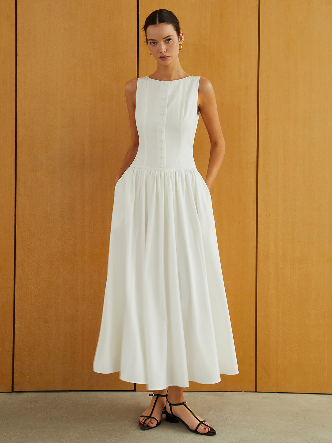 Button-Front Ärmelloses Kleid mit Taschen