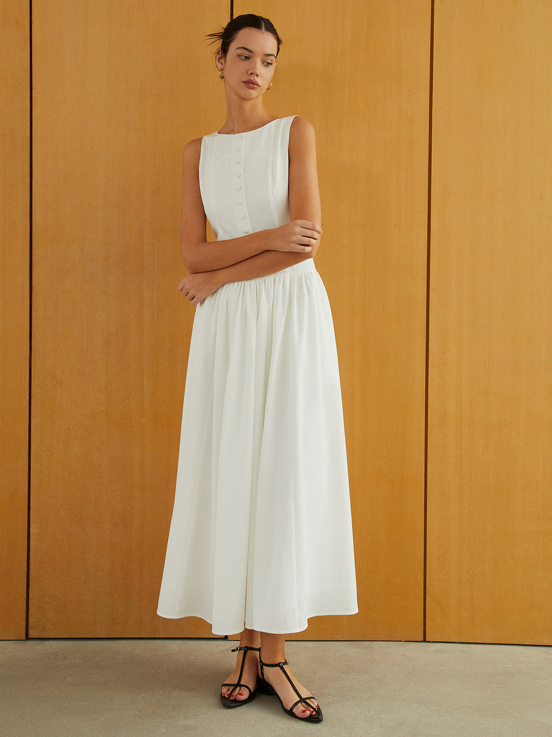 Button-Front Ärmelloses Kleid mit Taschen