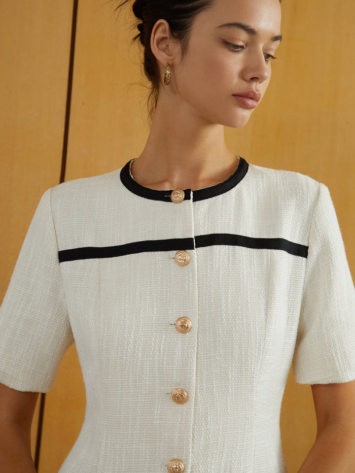 Kontrastpaspelierte Button Tweed-Kurzkleid
