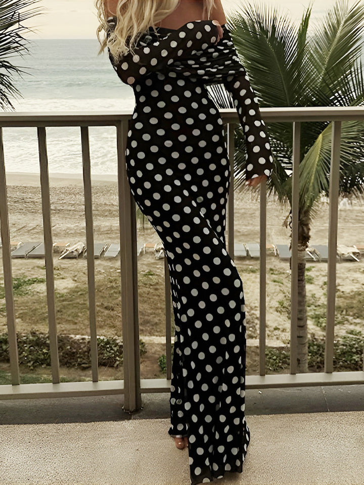 Langärmeliges Kleid mit Carmen-Ausschnitt und Polka-Dot-Print