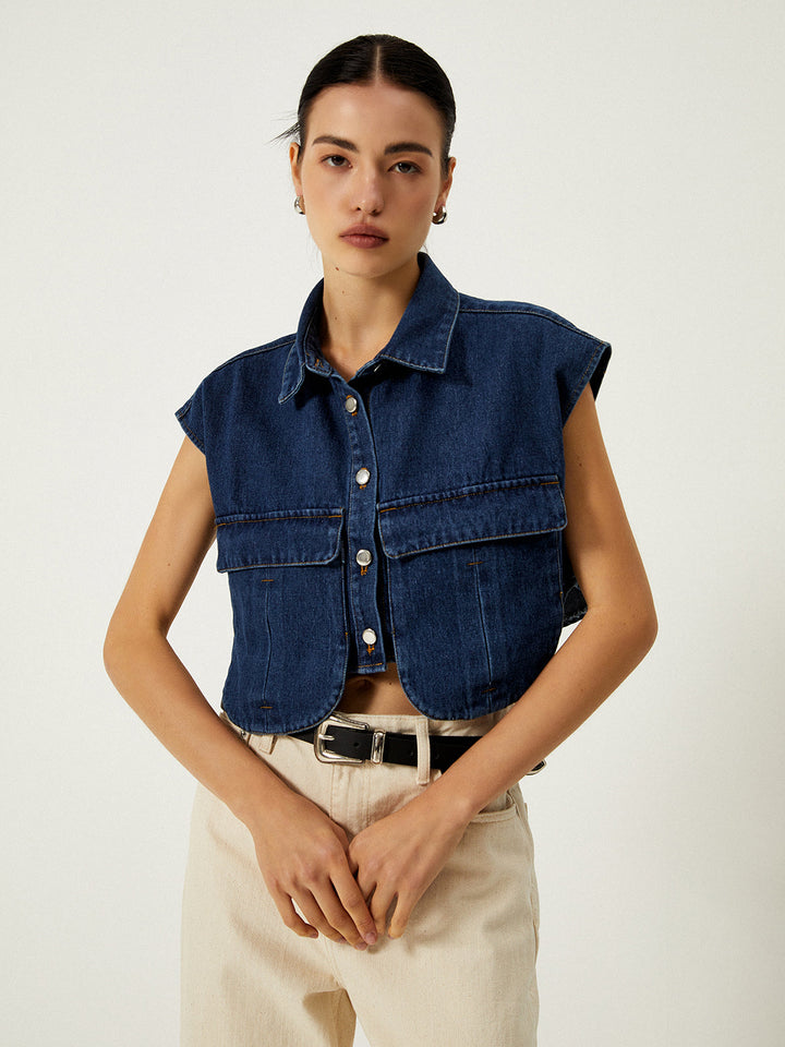 Denim Weste mit Klappkragen und Taschen