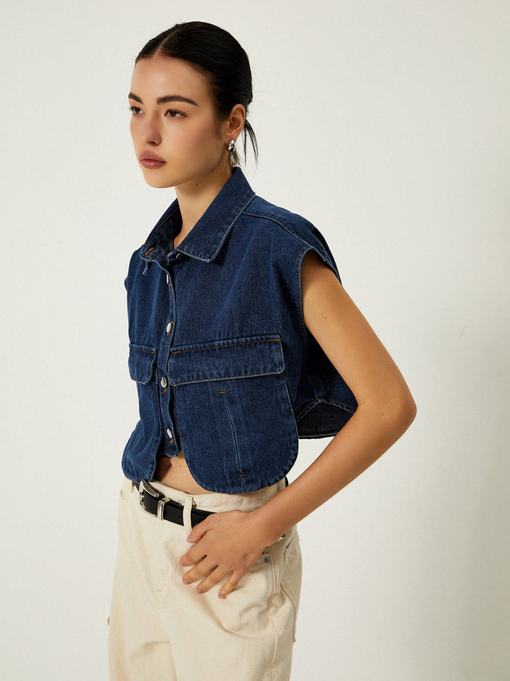 Denim Weste mit Klappkragen und Taschen