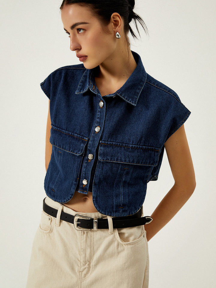 Denim Weste mit Klappkragen und Taschen