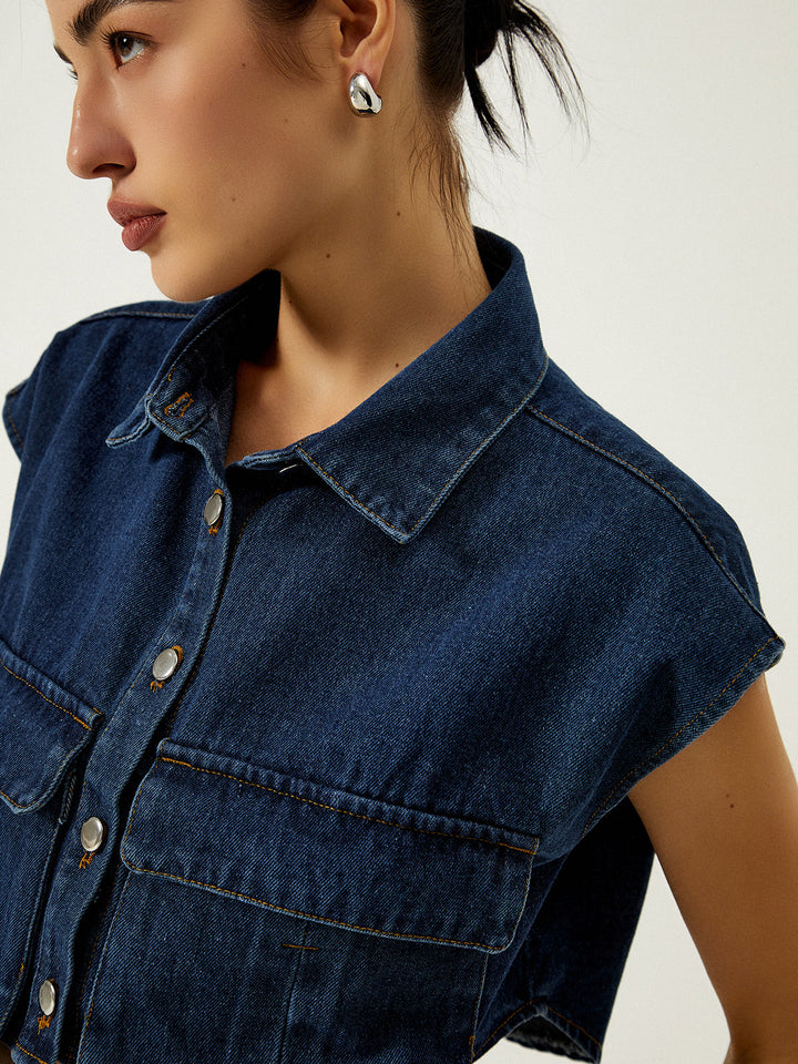 Denim Weste mit Klappkragen und Taschen