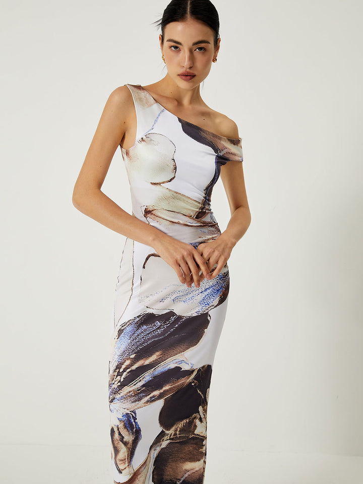 Asymmetrisches Kleid mit Print und schulterfreiem Schnitt
