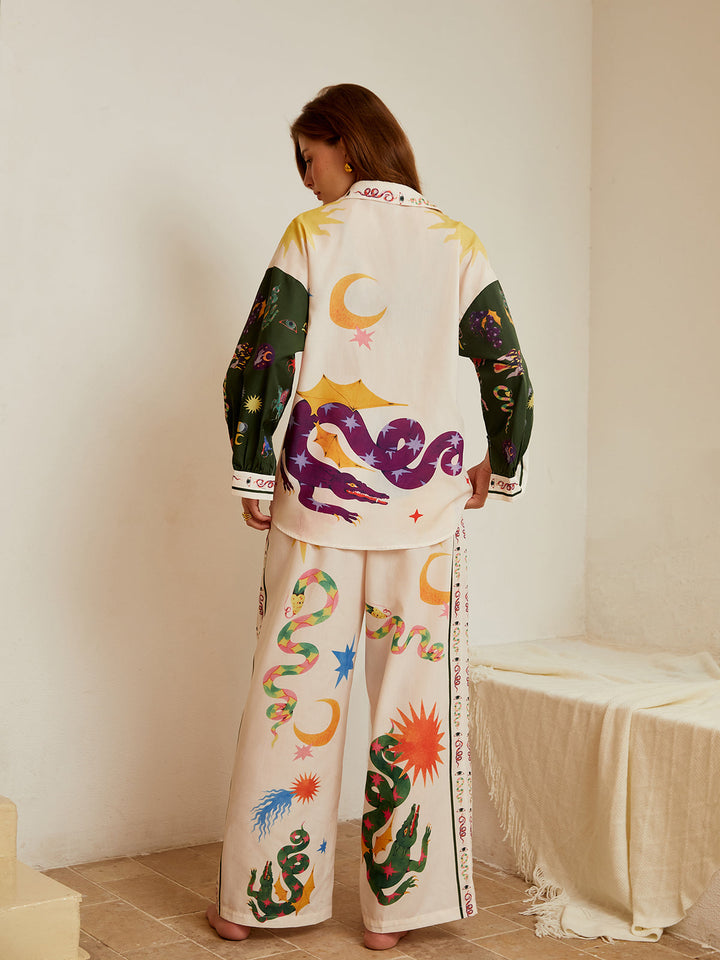 Boho-Print Locker Leichter Hosenanzug mit weitem Bein