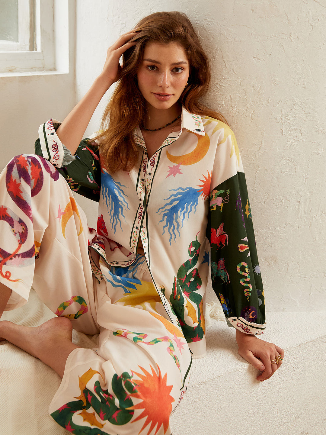 Boho-Print Locker Leichter Hosenanzug mit weitem Bein