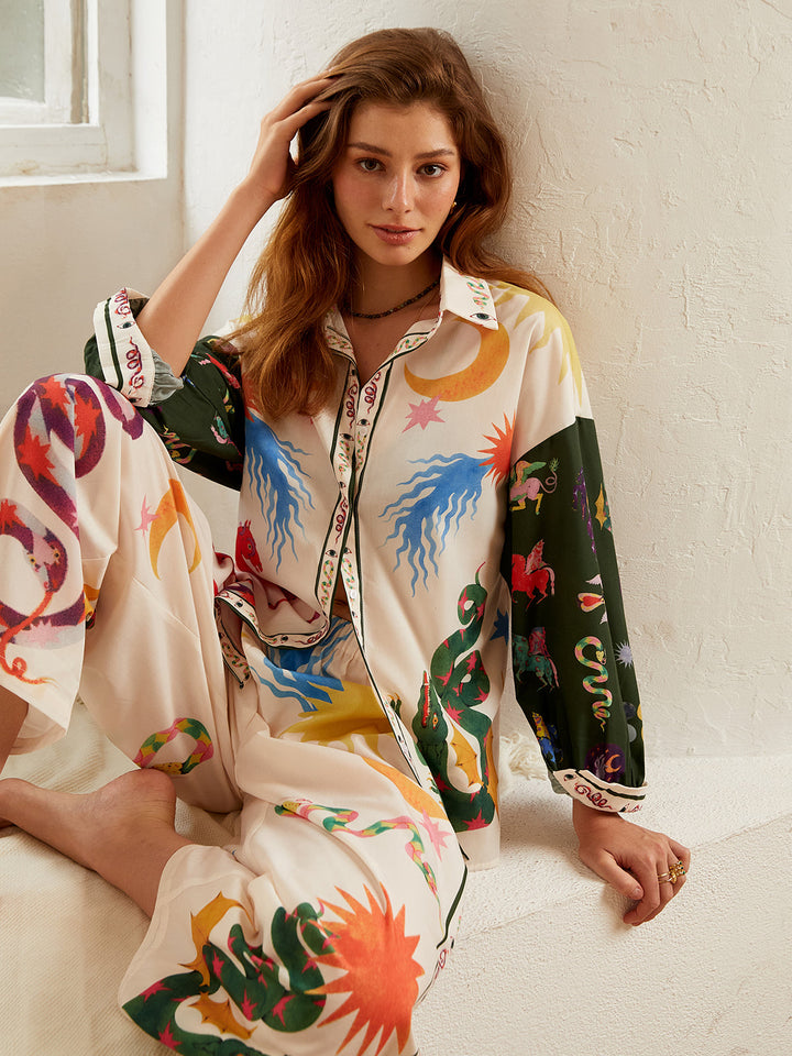 Boho-Print Locker Leichter Hosenanzug mit weitem Bein