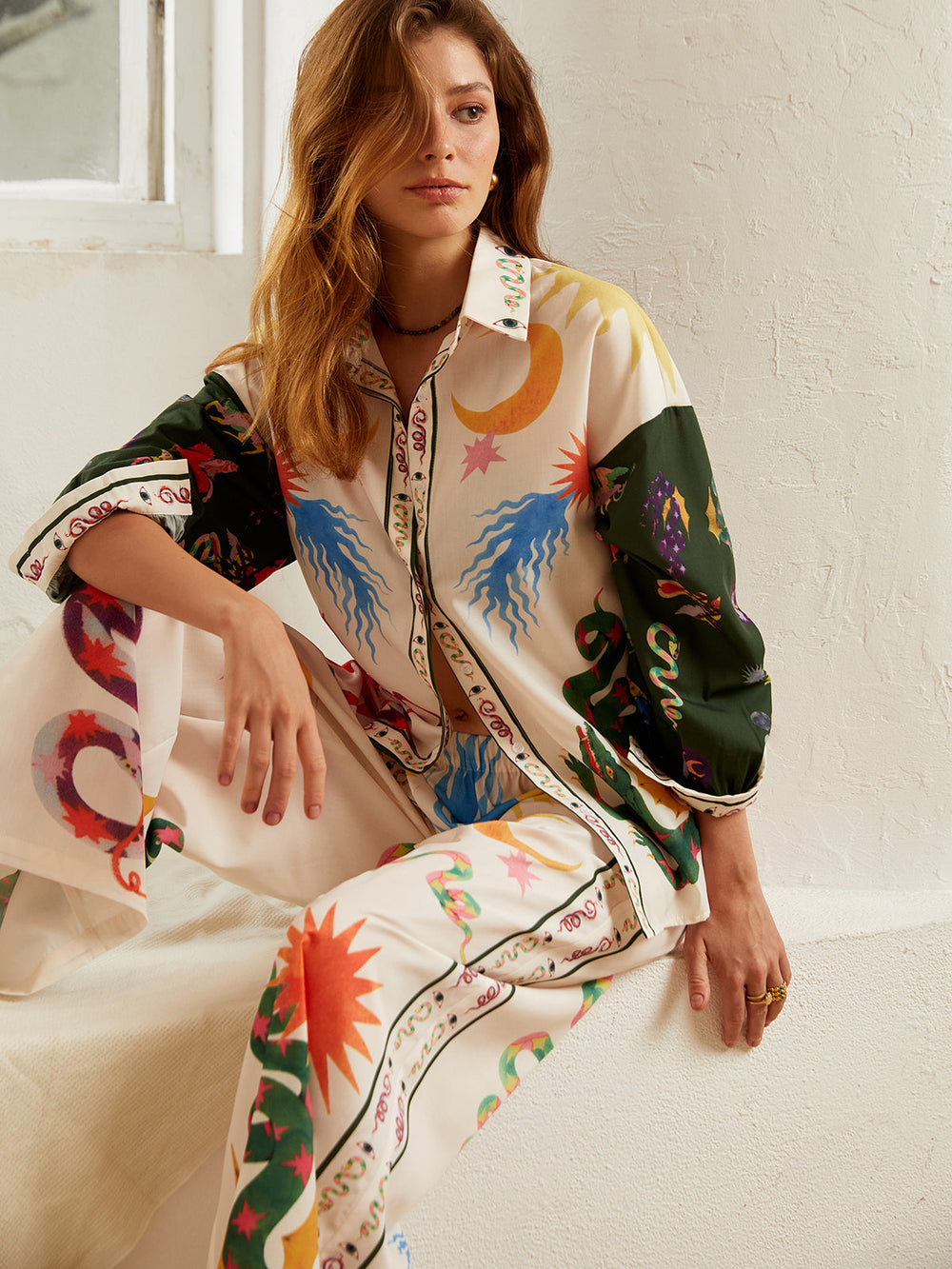 Boho-Print Locker Leichter Hosenanzug mit weitem Bein