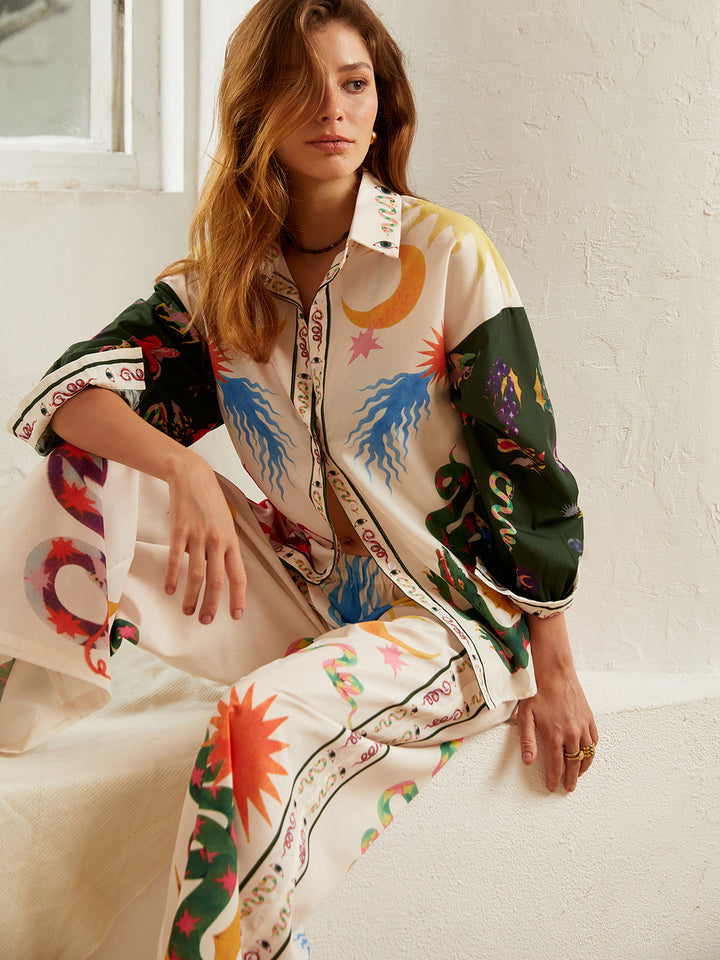 Boho-Print Locker Leichter Hosenanzug mit weitem Bein