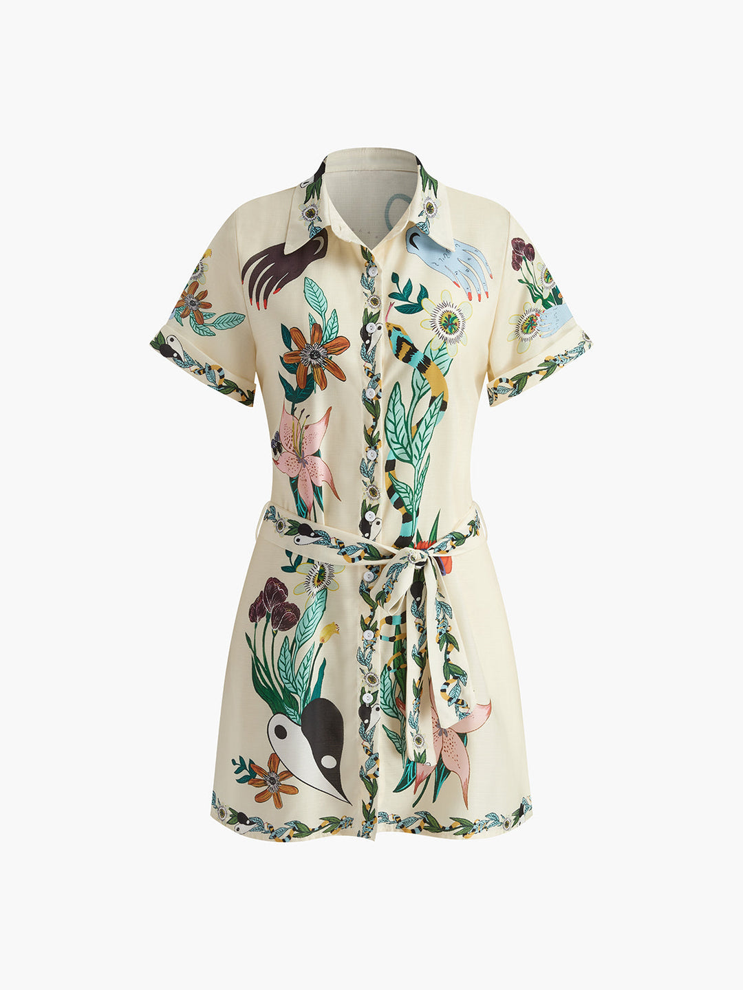 Kurzes Kleid mit Kragen und Gürtel Print