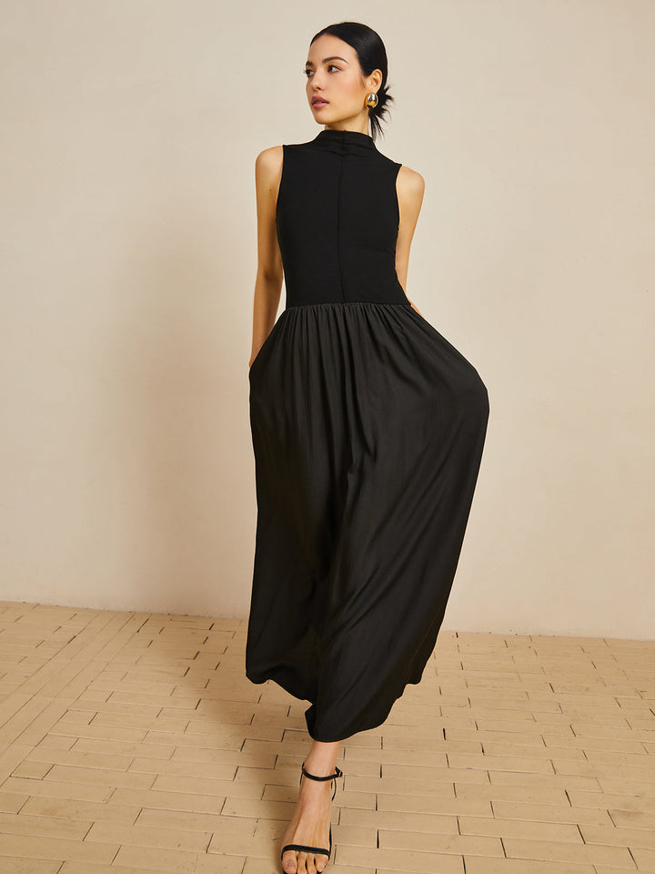 Schwarzes Samtkragen-Ärmelloses Langes Kleid