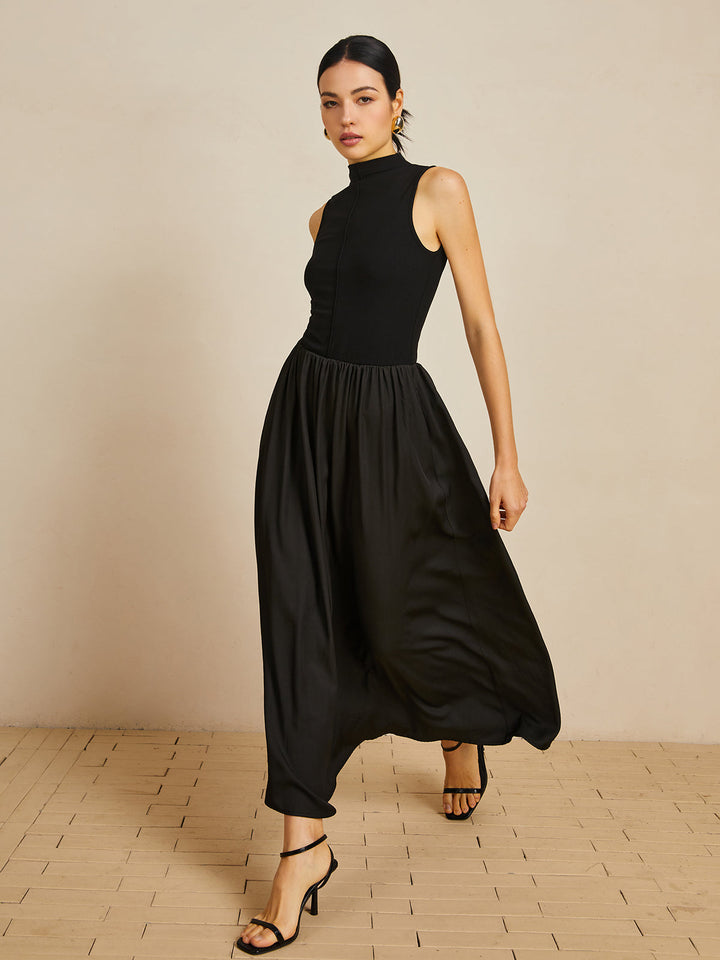 Schwarzes Samtkragen-Ärmelloses Langes Kleid