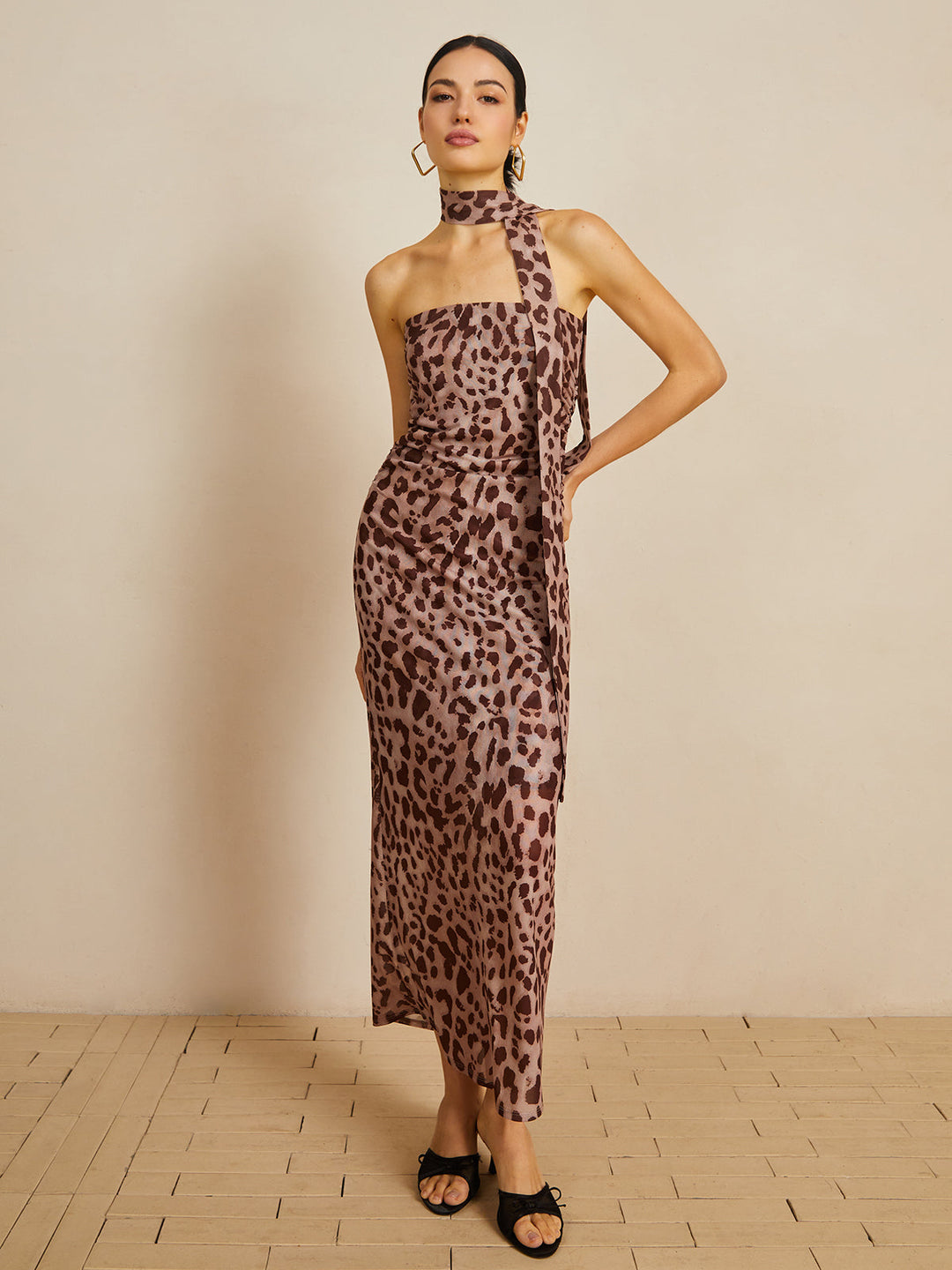 Leopardenmuster Netz-Neckholder-Midikleid
