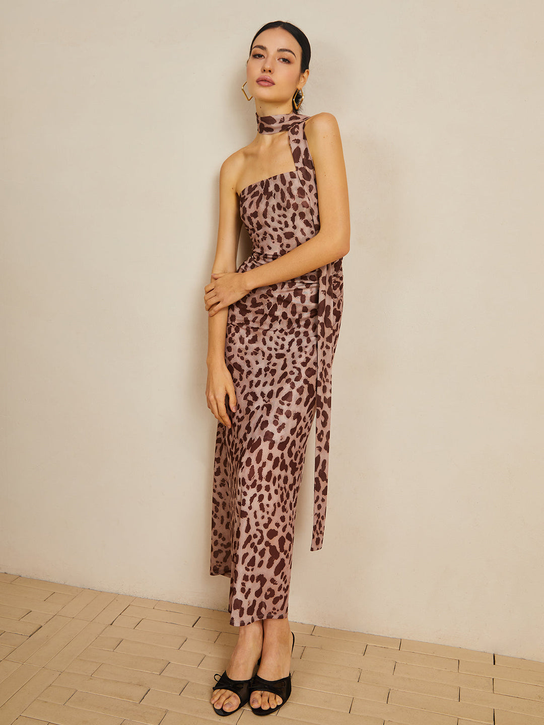 Leopardenmuster Netz-Neckholder-Midikleid
